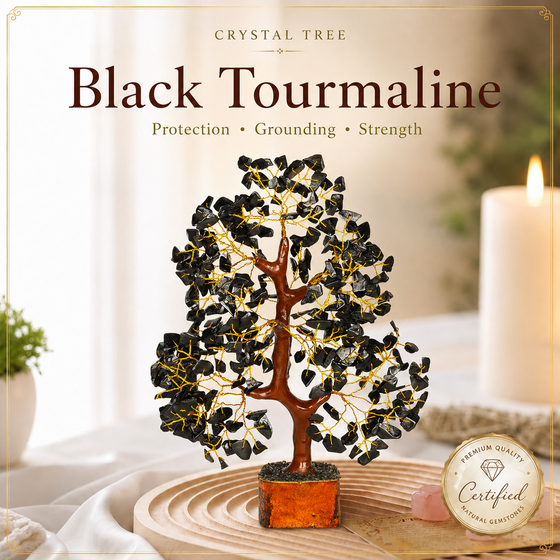 Black Tourmaline Wooden Tree With Golden Wire