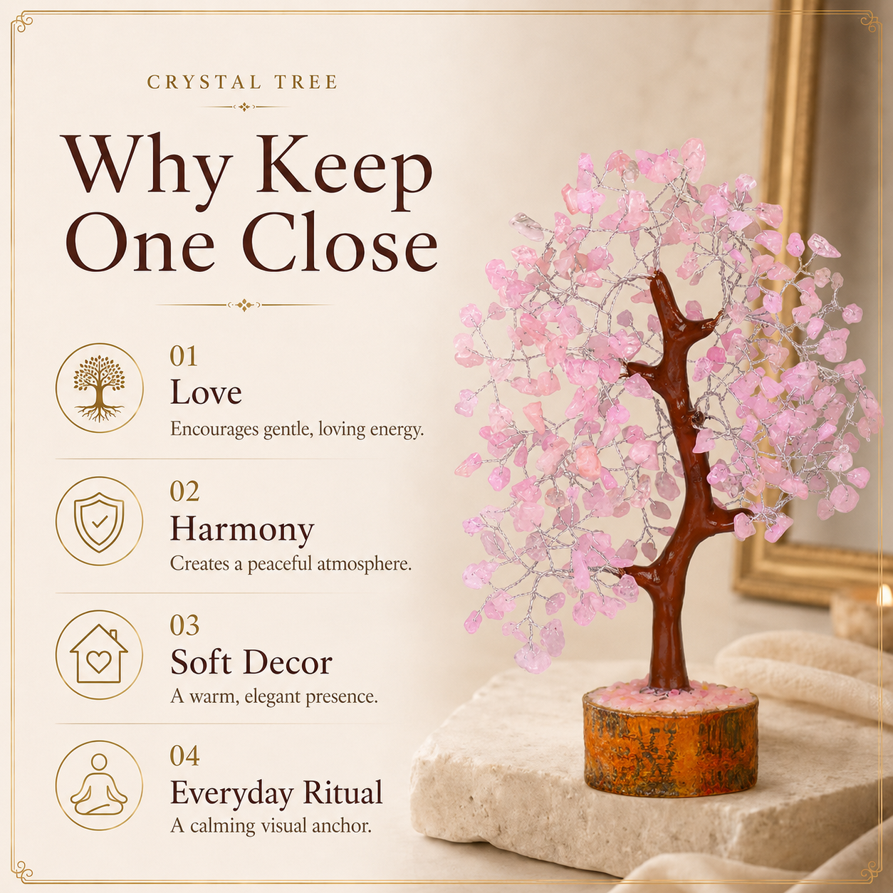 Buy Rose Quartz Crystal Wooden Tree With Silver Wire