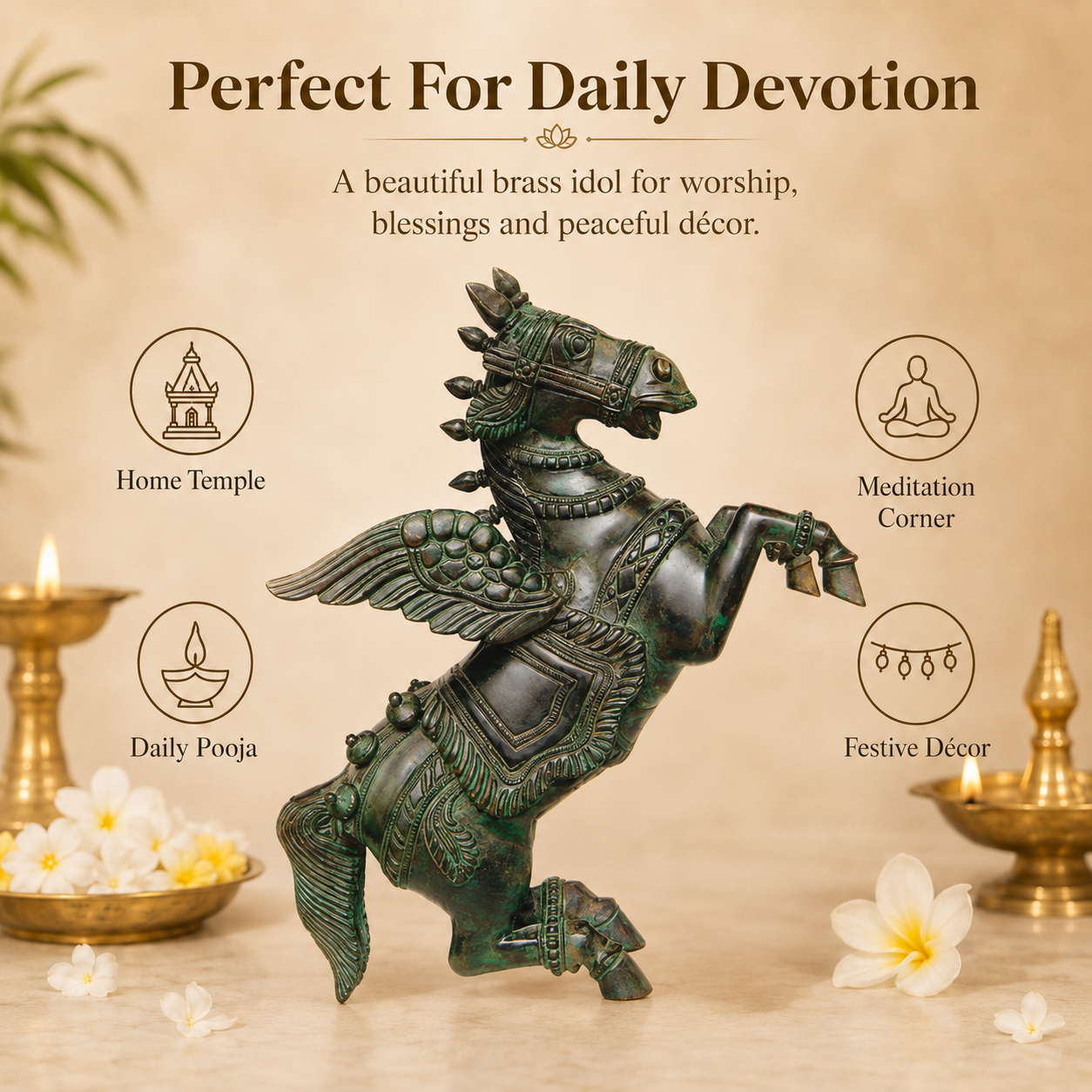 Handcrafted Brass Winged Horse Idol – 12 Inch