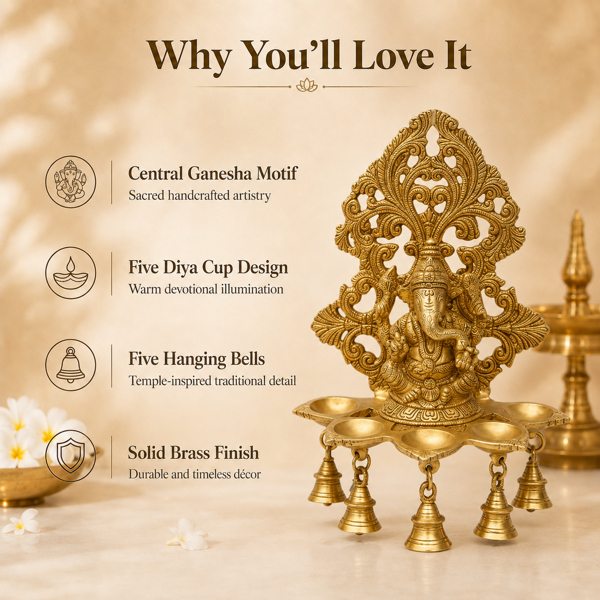 Handcrafted Brass Ganesha Diya with Hanging Bells