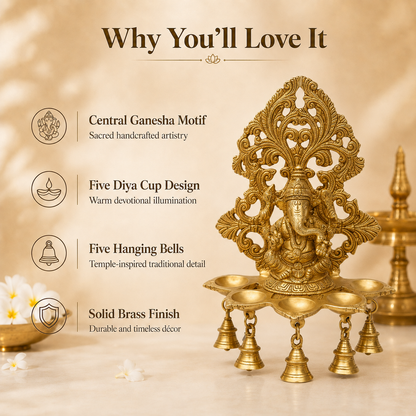 Handcrafted Brass Ganesha Diya with Hanging Bells