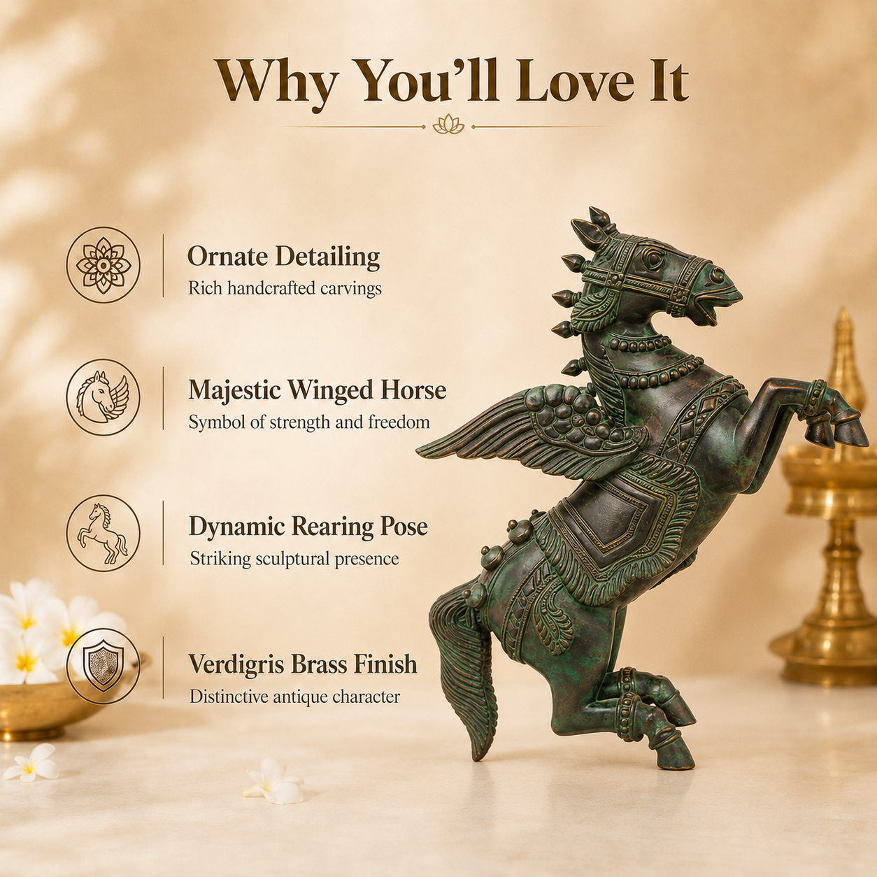 Handcrafted Brass Winged Horse Idol – 12 Inch