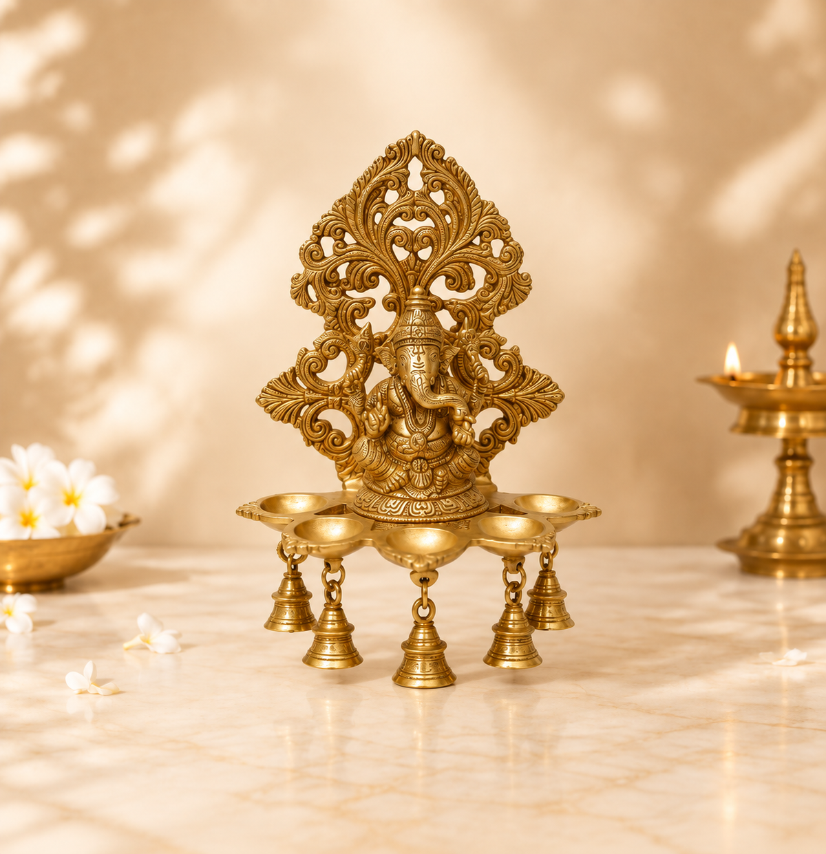 Handcrafted Brass Ganesha Diya with Hanging Bells