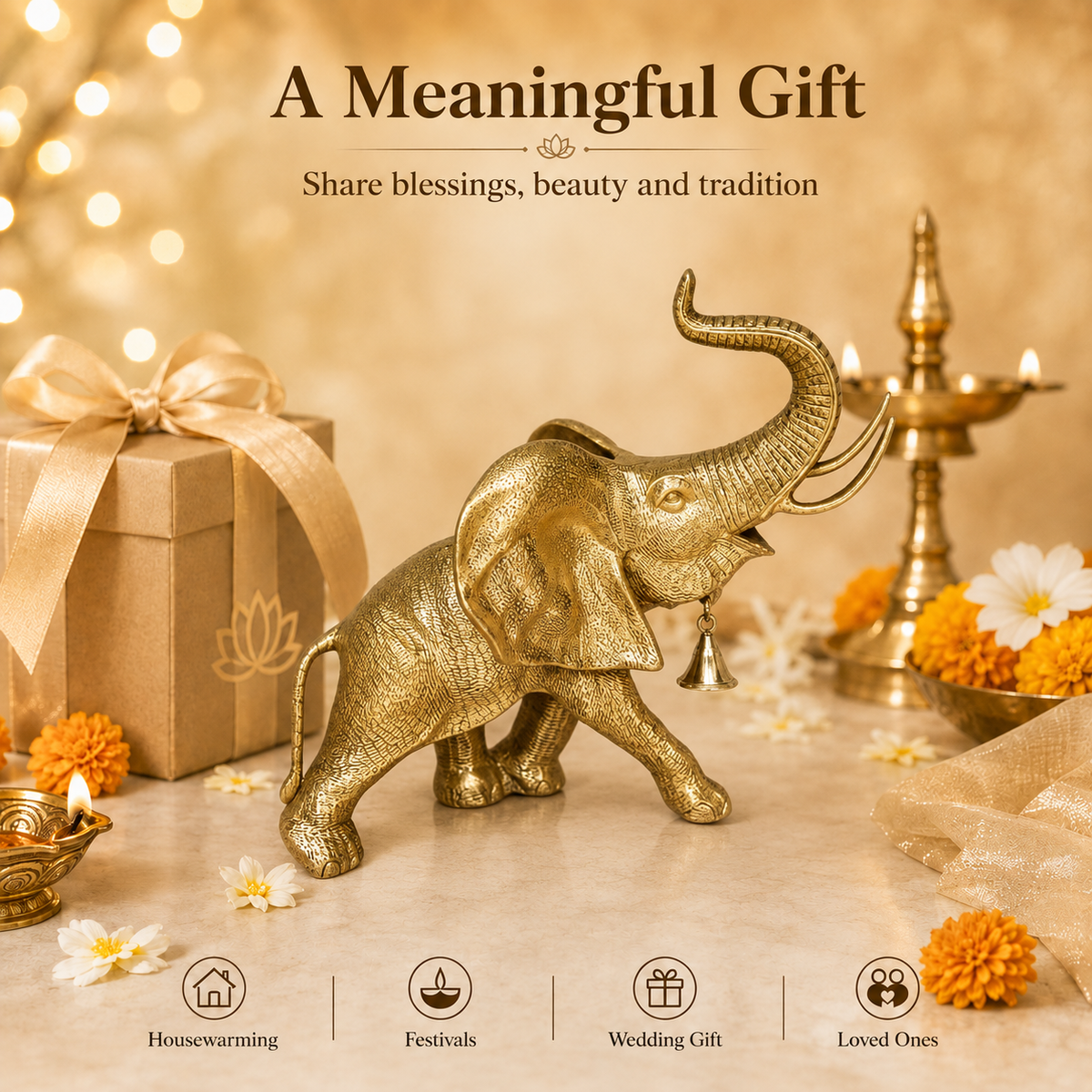 Handcrafted Brass Elephant with Raised Trunk & Hanging Bell