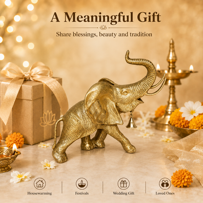 Handcrafted Brass Elephant with Raised Trunk & Hanging Bell