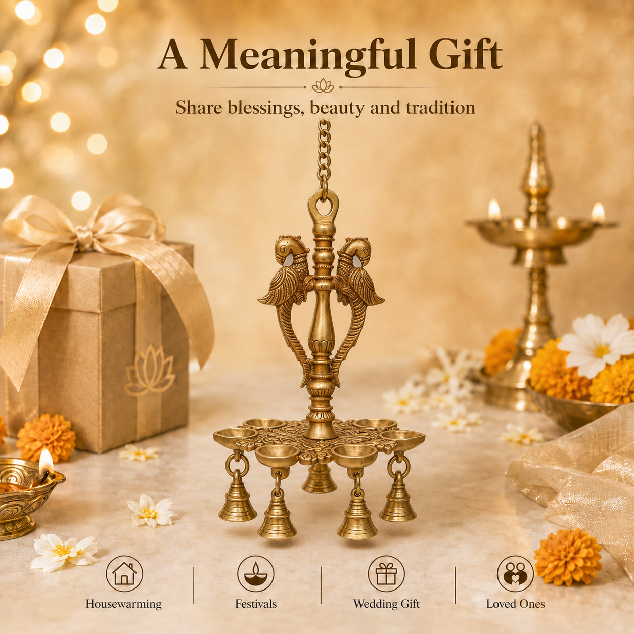 Handcrafted Brass Hanging Diya with Birds & Bells