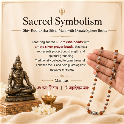 Shiv Rudraksha Silver Mala with Ornate Sphere Beads
