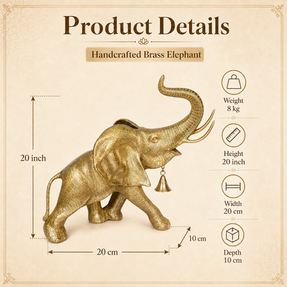 Handcrafted Brass Elephant with Raised Trunk & Hanging Bell
