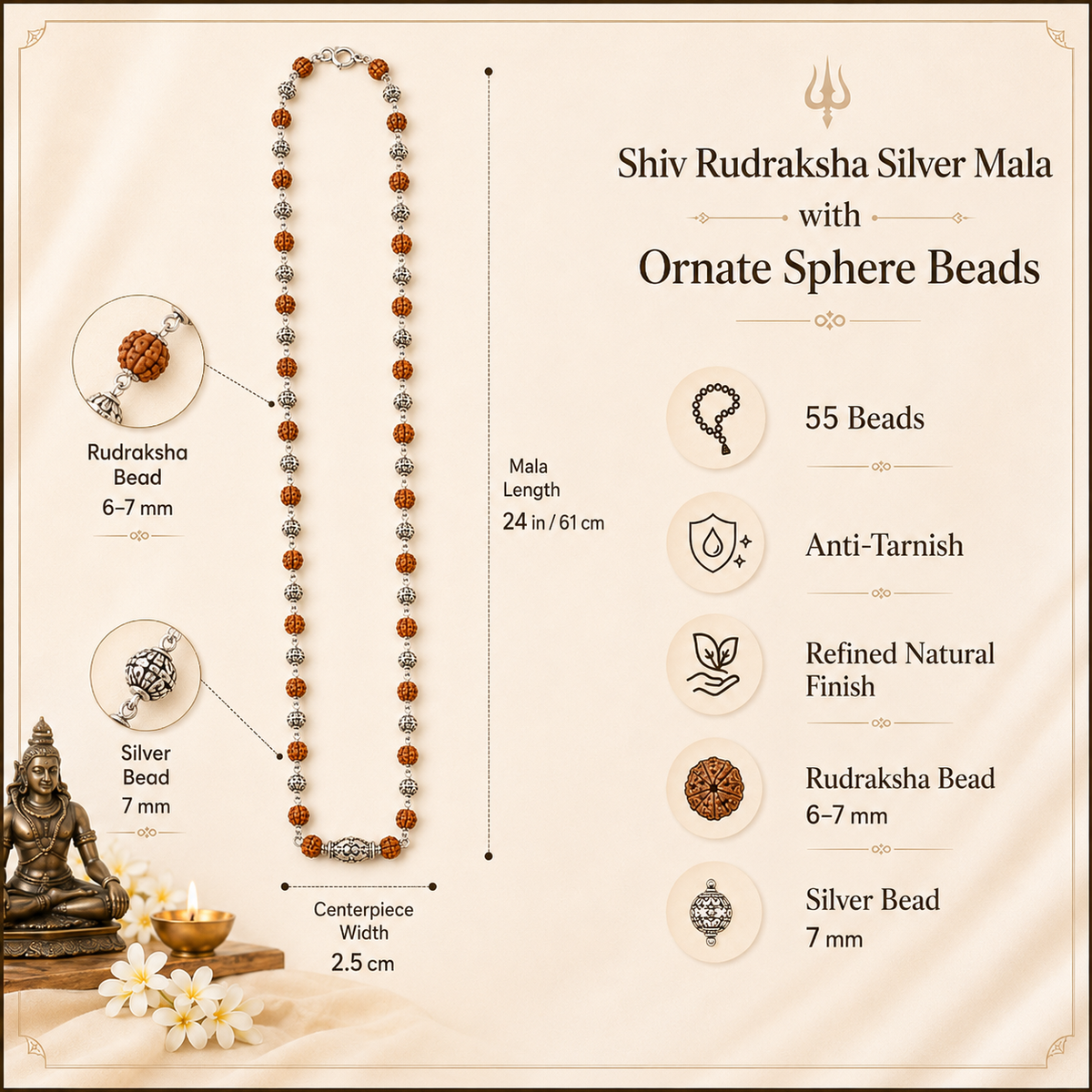 Shiv Rudraksha Silver Mala with Ornate Sphere Beads