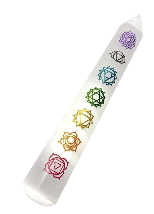 Pre Energized Selenite Wand with Colored Embossed 7 Chakra Symbols