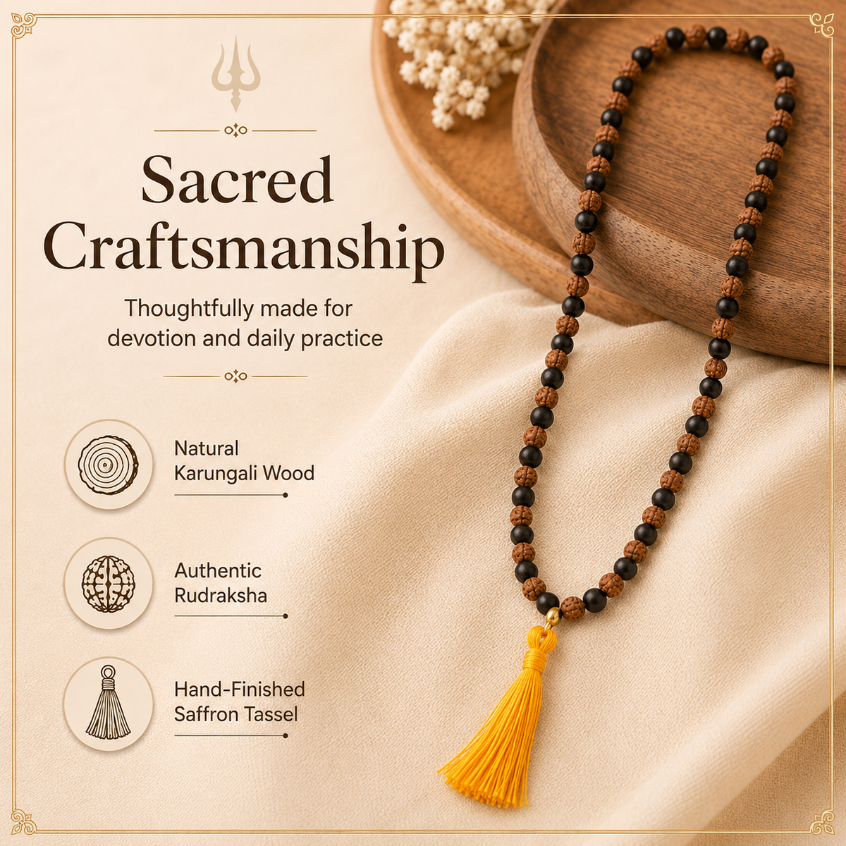 Karungali & Rudraksha Jaap Mala with Saffron Tassel