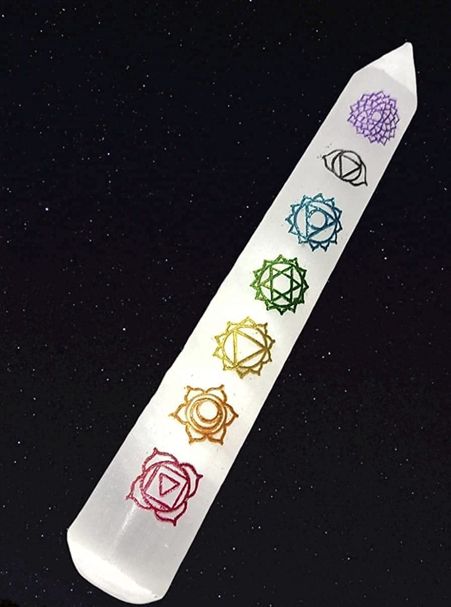 Pre Energized Selenite Wand with Colored Embossed 7 Chakra Symbols