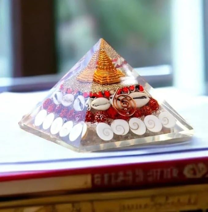 Gomti Chakra Orgonite Pyramid Shree Yantra, Rudraksha, Gomti Chakra, Chirmi Seeds & Kaudi Shells