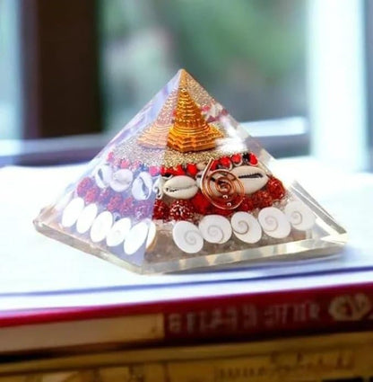 Gomti Chakra Maha Laxmi Orgonite Pyramid Shree Yantra, Rudraksha, Gomti Chakra, Chirmi Seeds & Kaudi Shells