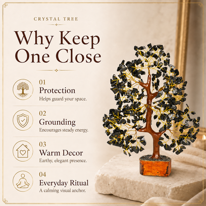 Black Tourmaline Wooden Tree With Golden Wire