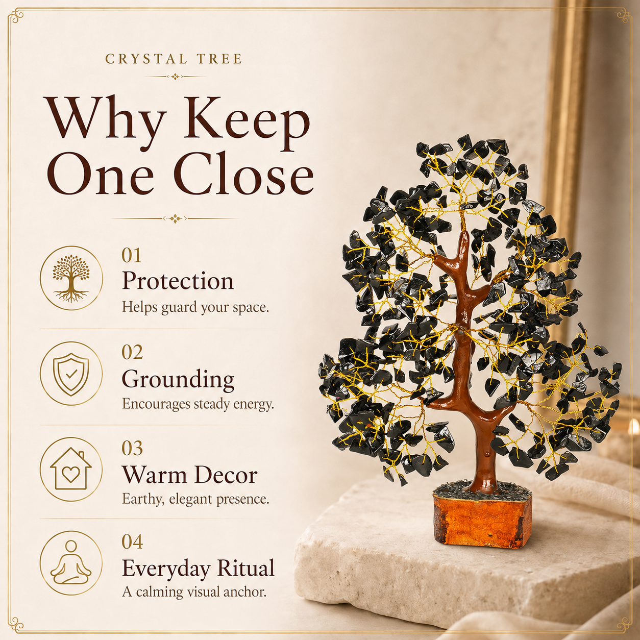 Black Tourmaline Crystal Tree with Golden Wire