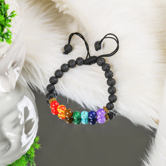 Seven Chakra With Lava Stone Crystal Bracelet (Bead Size: 8mm, Length: 6-7 Inch)