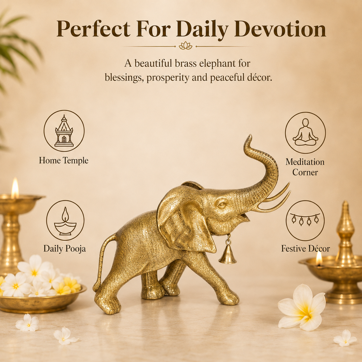 Handcrafted Brass Elephant with Raised Trunk & Hanging Bell