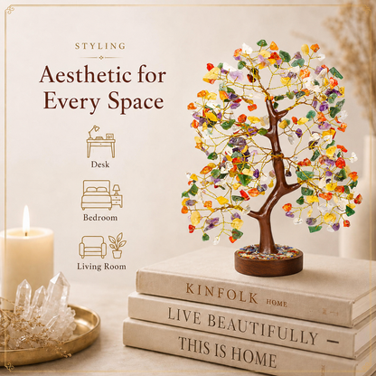 Mix Chakra Crystal Wooden Tree with Golden Wire