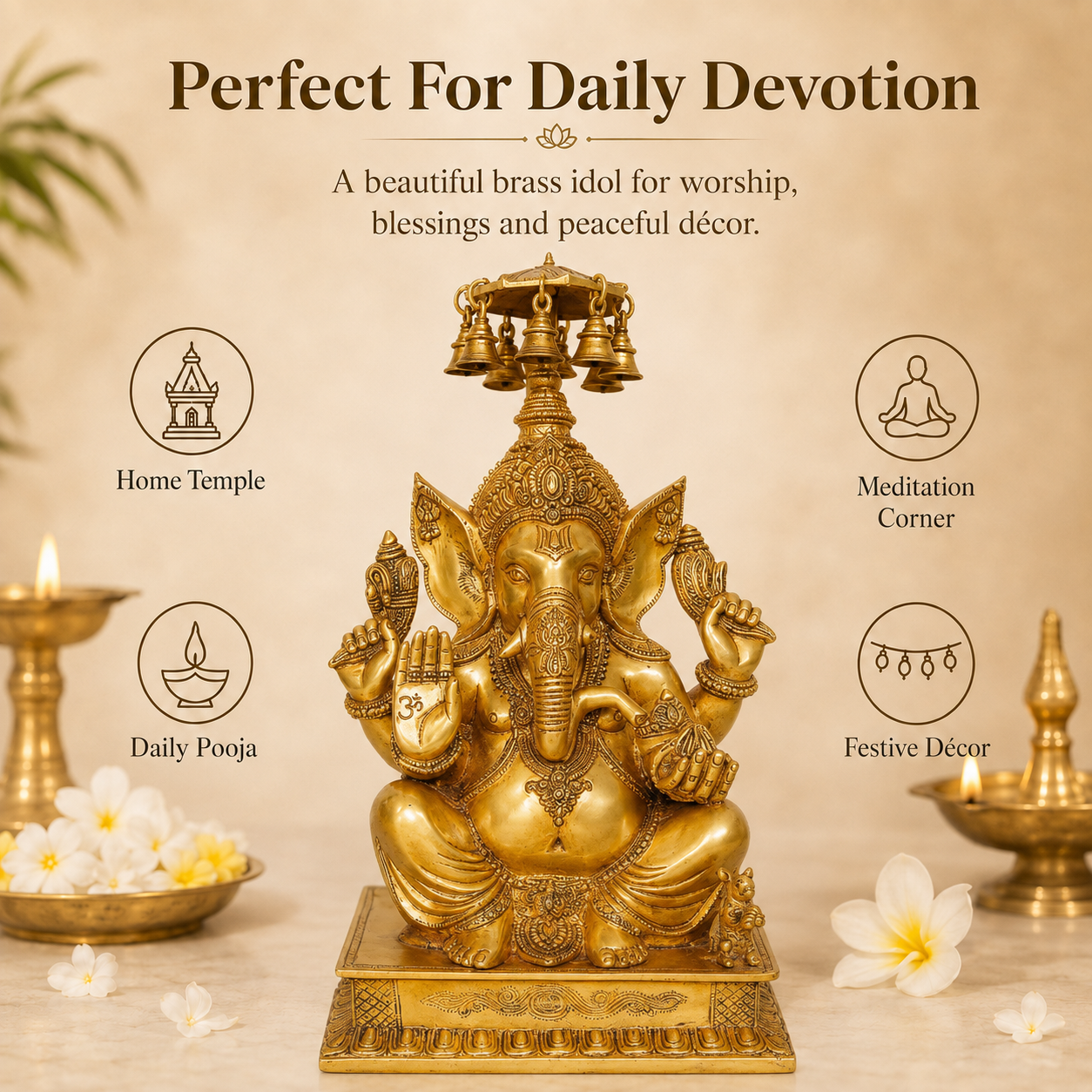 Handcrafted Brass Ganesha Idol with Hanging Bells