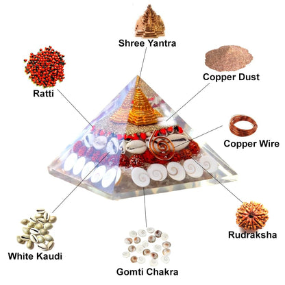 Gomti Chakra Orgonite Pyramid Shree Yantra, Rudraksha, Gomti Chakra, Chirmi Seeds & Kaudi Shells