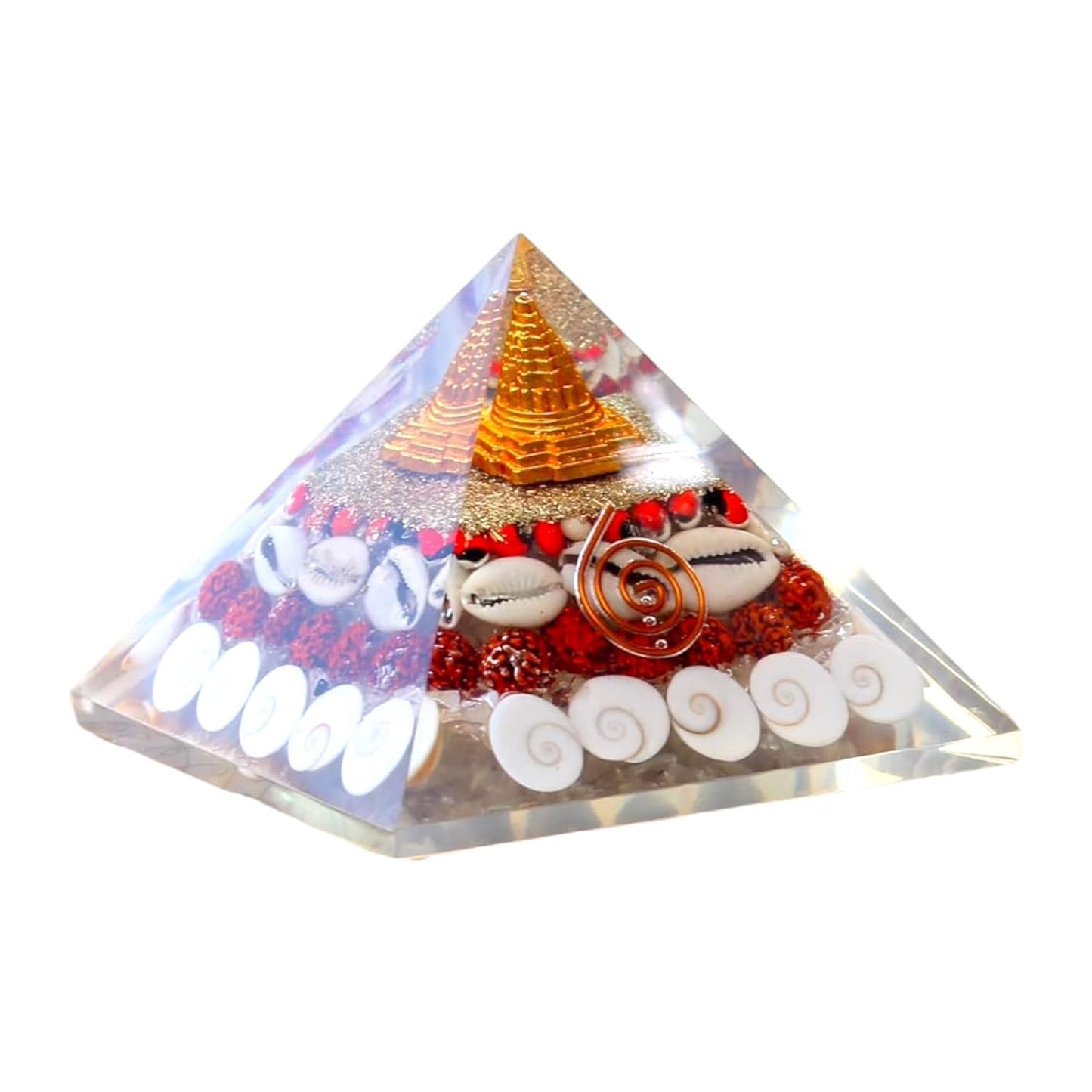 Gomti Chakra Orgonite Pyramid Shree Yantra, Rudraksha, Gomti Chakra, Chirmi Seeds & Kaudi Shells