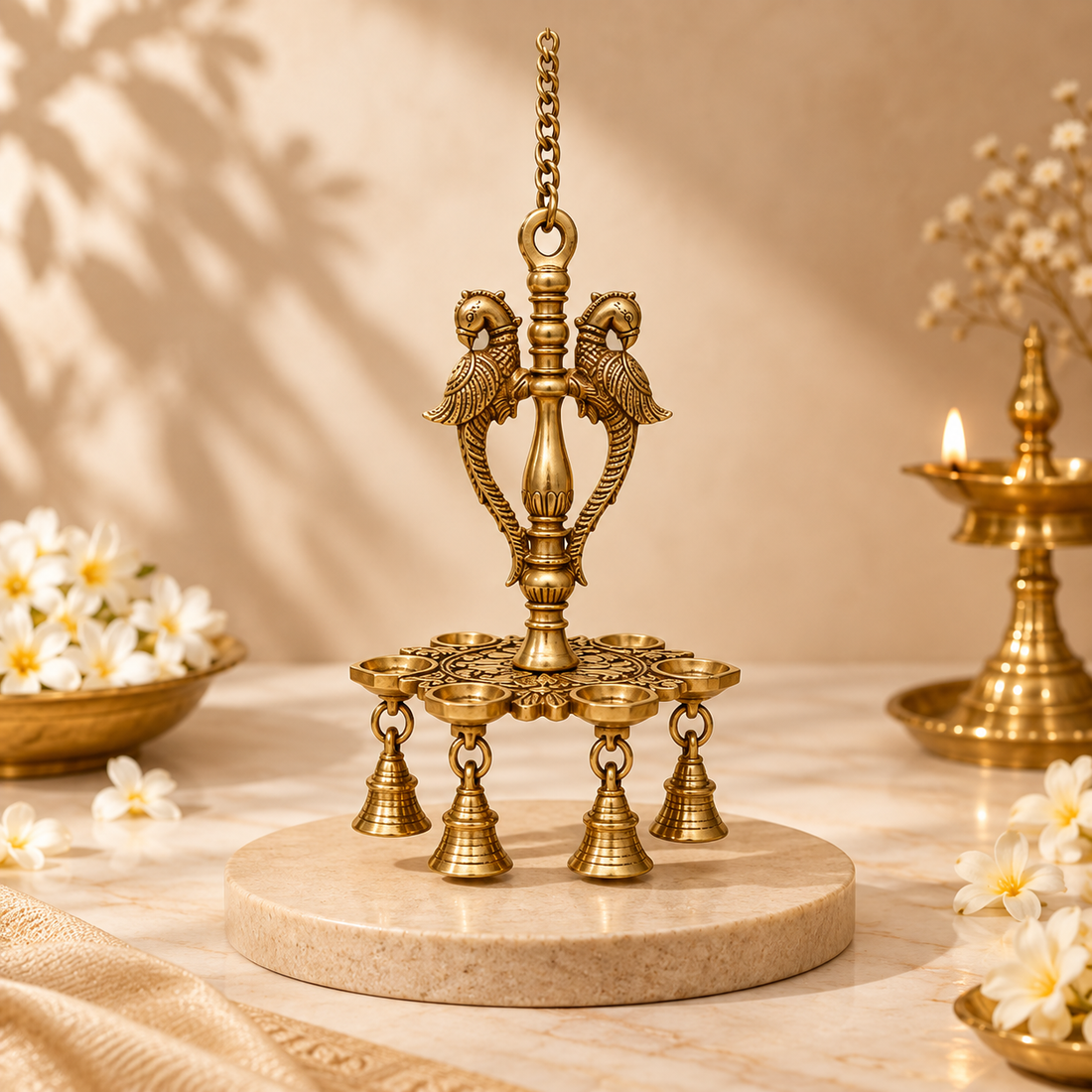 Handcrafted Brass Hanging Diya with Birds & Bells