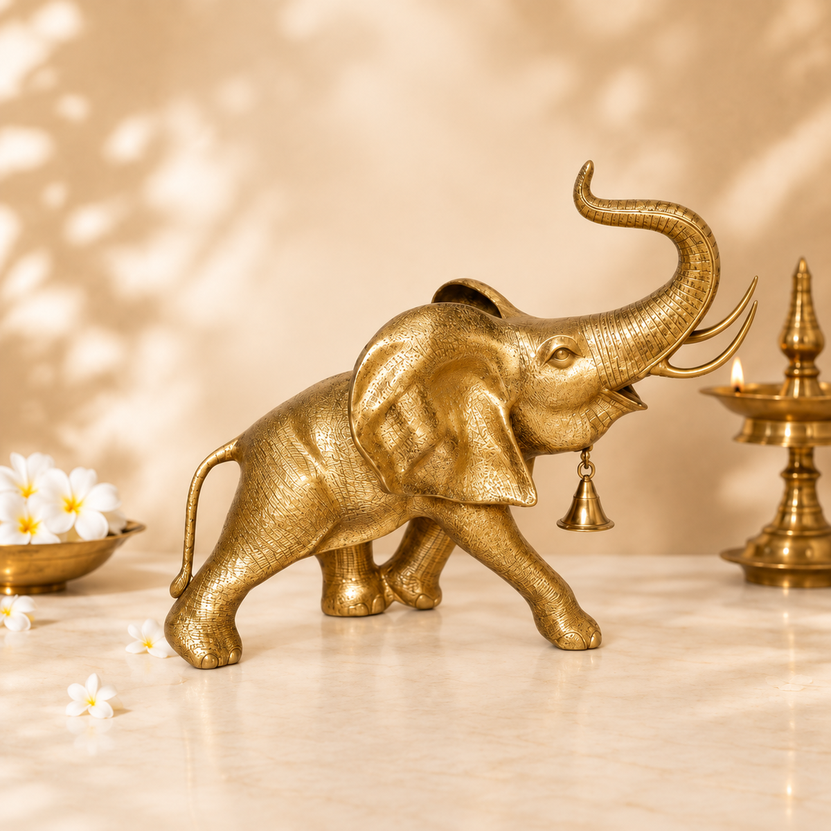 Handcrafted Brass Elephant with Raised Trunk & Hanging Bell