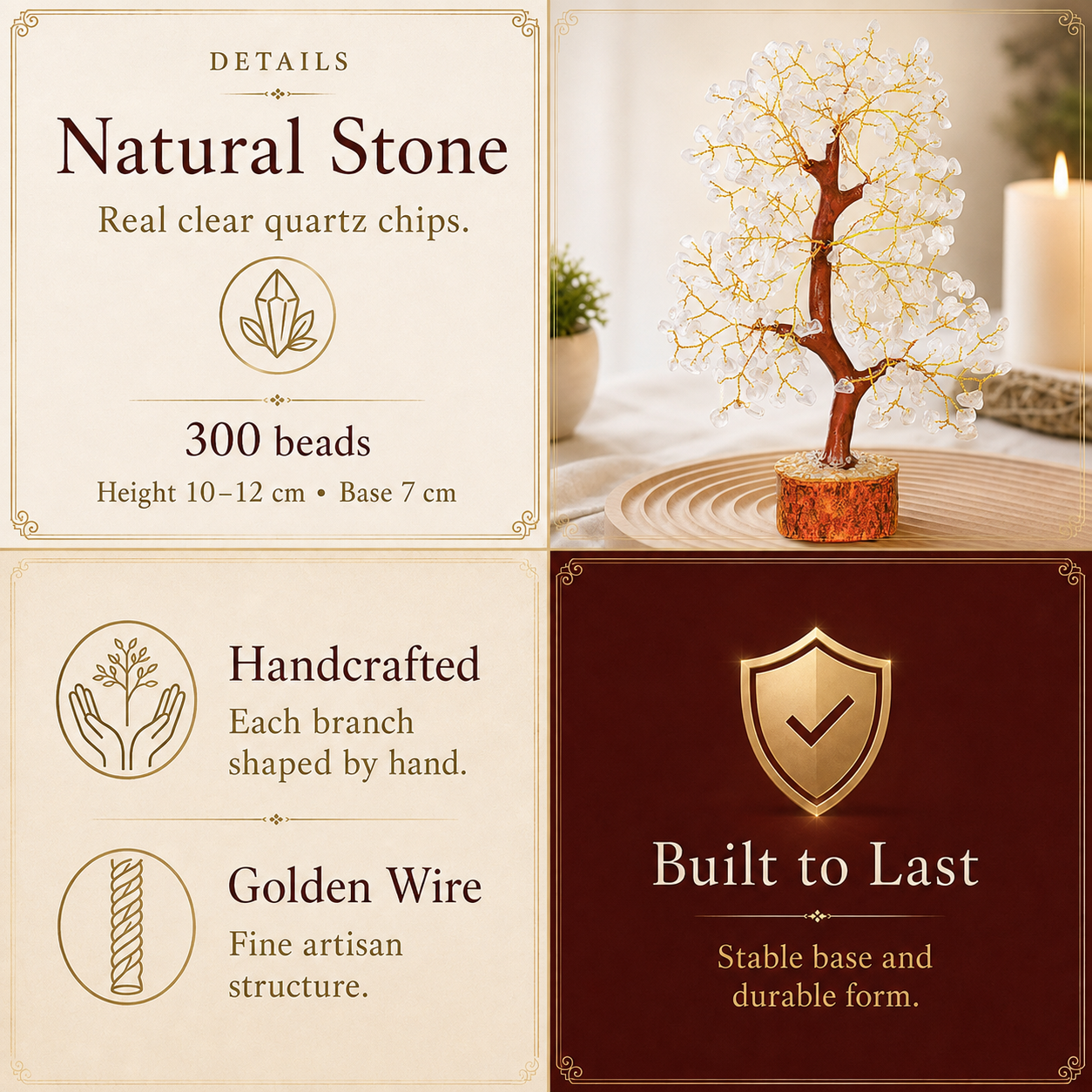 Buy Clear Quartz Crystal Wooden Tree With Golden Wire