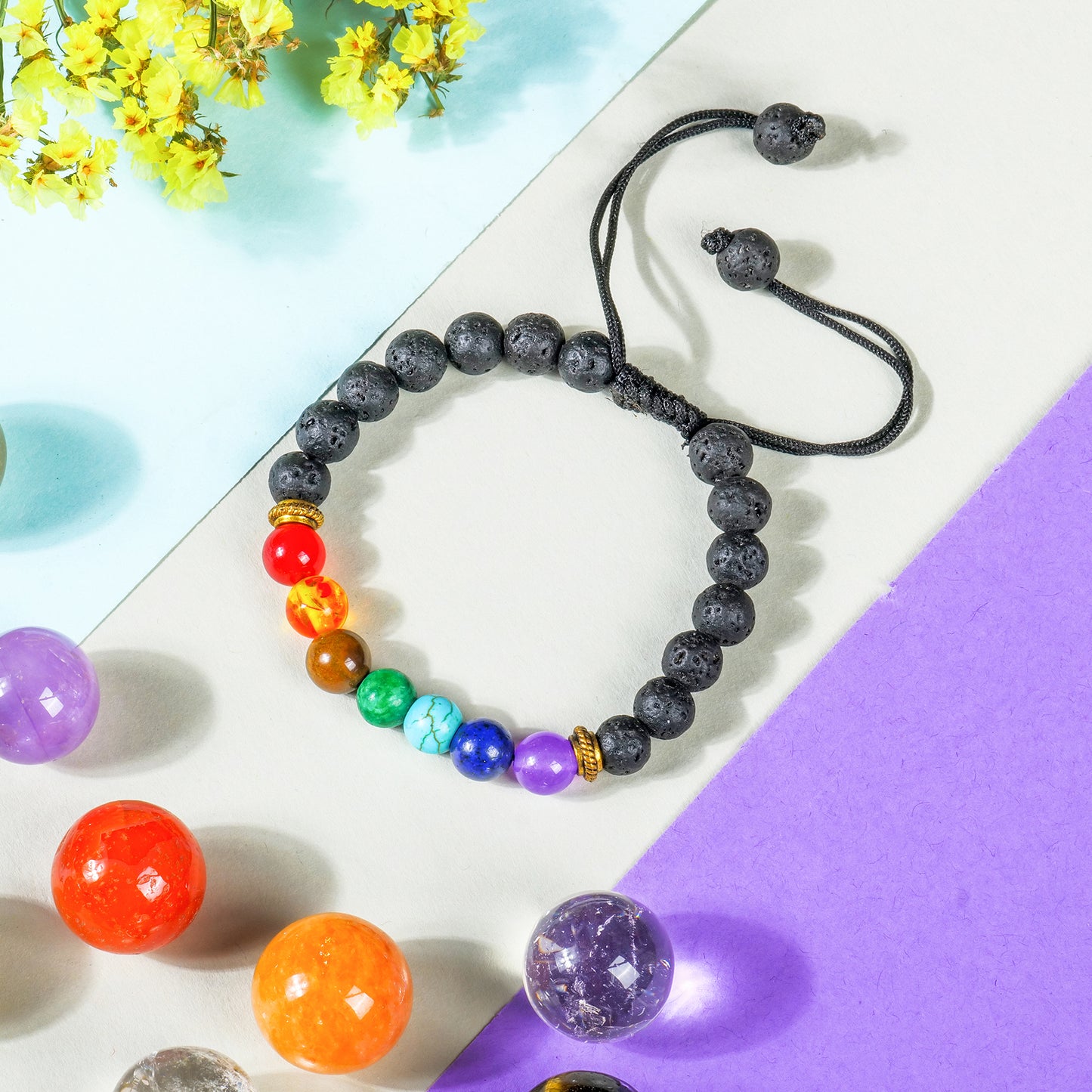 Seven Chakra With Lava Stone Crystal Bracelet (Bead Size: 8mm, Length: 6-7 Inch)