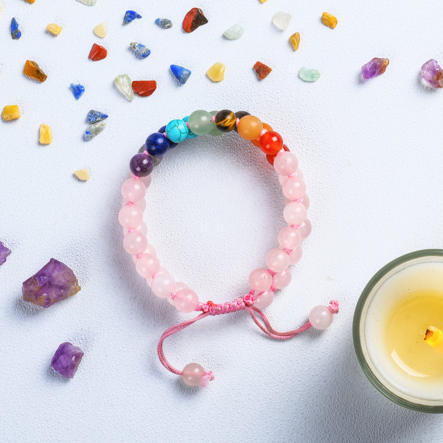 Rose Quartz with Seven Chakra Crystal Bracelet (Love Magnet)