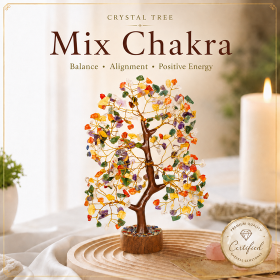 Mix Chakra Crystal Wooden Tree with Golden Wire