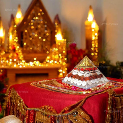 Gomti Chakra Maha Laxmi Orgonite Pyramid Shree Yantra, Rudraksha, Gomti Chakra, Chirmi Seeds & Kaudi Shells