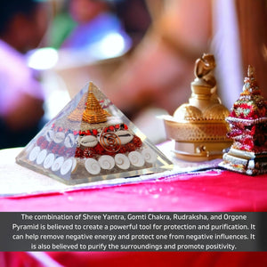 Gomti Chakra Maha Laxmi Orgonite Pyramid Shree Yantra, Rudraksha, Gomti Chakra, Chirmi Seeds & Kaudi Shells