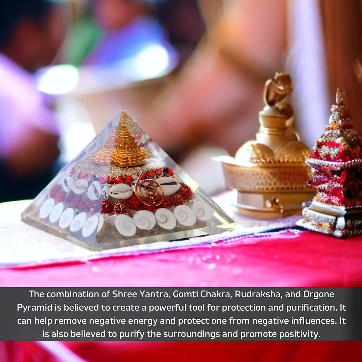 Gomti Chakra Orgonite Pyramid Shree Yantra, Rudraksha, Gomti Chakra, Chirmi Seeds & Kaudi Shells