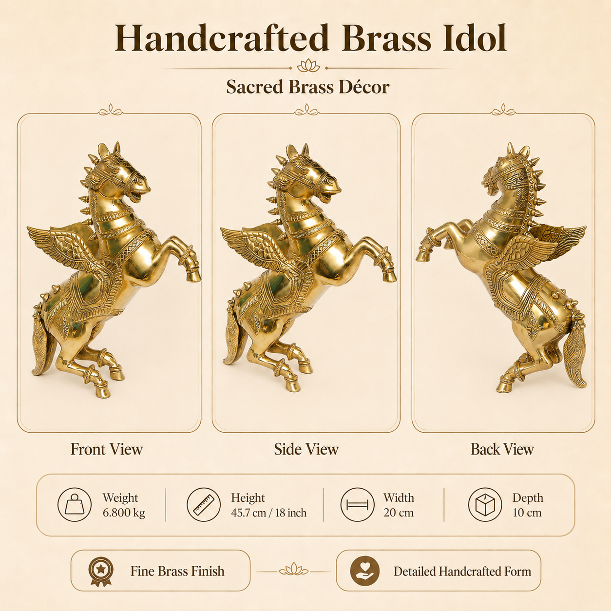 Handcrafted Brass Winged Horse Idol