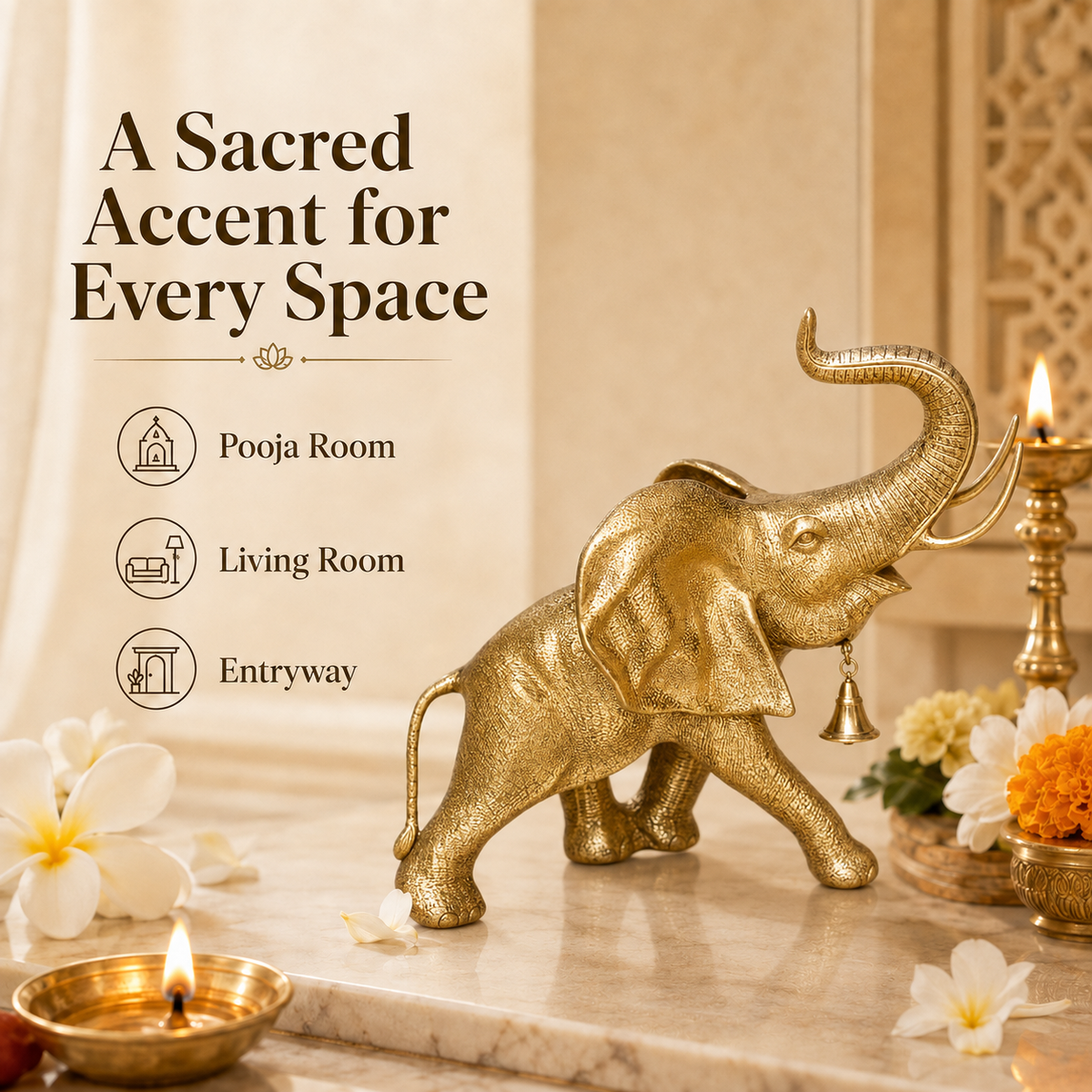 Handcrafted Brass Elephant with Raised Trunk & Hanging Bell