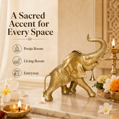 Handcrafted Brass Elephant with Raised Trunk & Hanging Bell