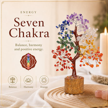 Seven Chakra Crystal Wooden Tree With Silver Wire