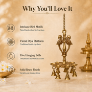 Handcrafted Brass Hanging Diya with Birds & Bells