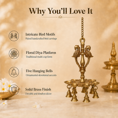 Handcrafted Brass Hanging Diya with Birds & Bells