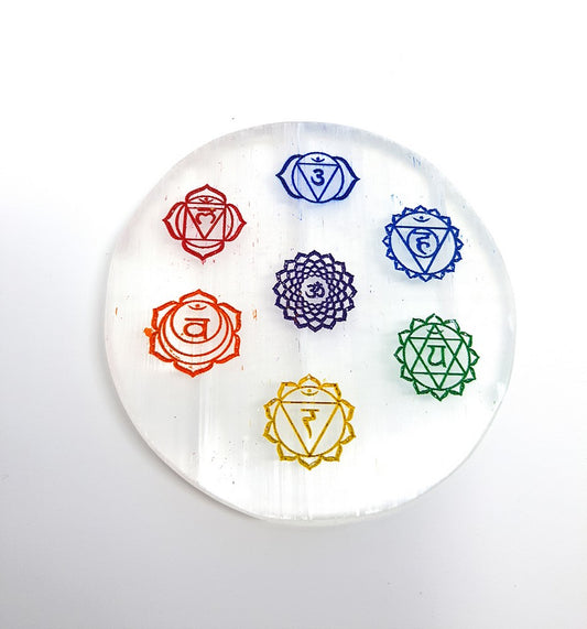 Seven Chakra Selenite Plate, Crystal Charging Plate, Meditation and Yoga