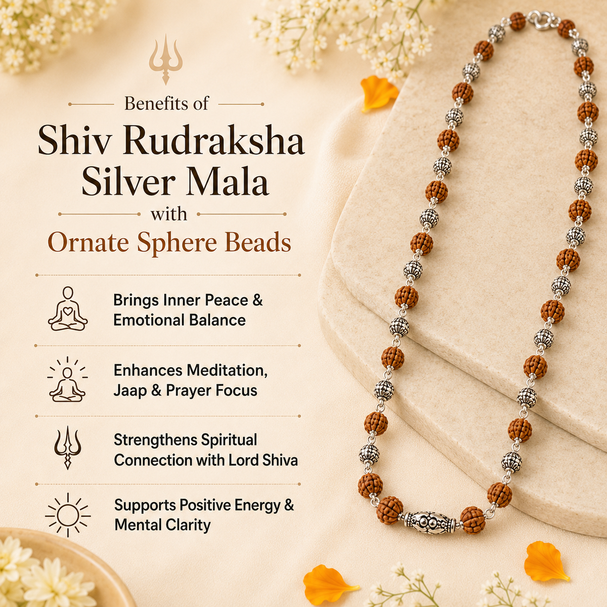 Shiv Rudraksha Silver Mala with Ornate Sphere Beads