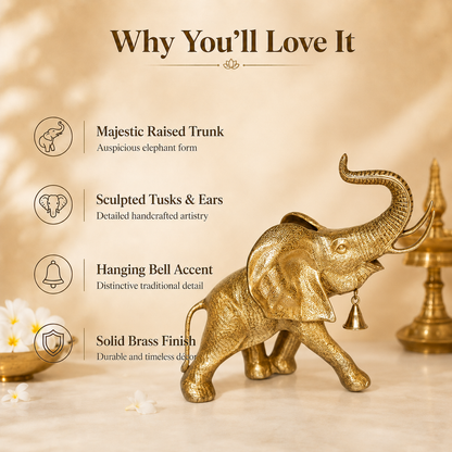 Handcrafted Brass Elephant with Raised Trunk & Hanging Bell