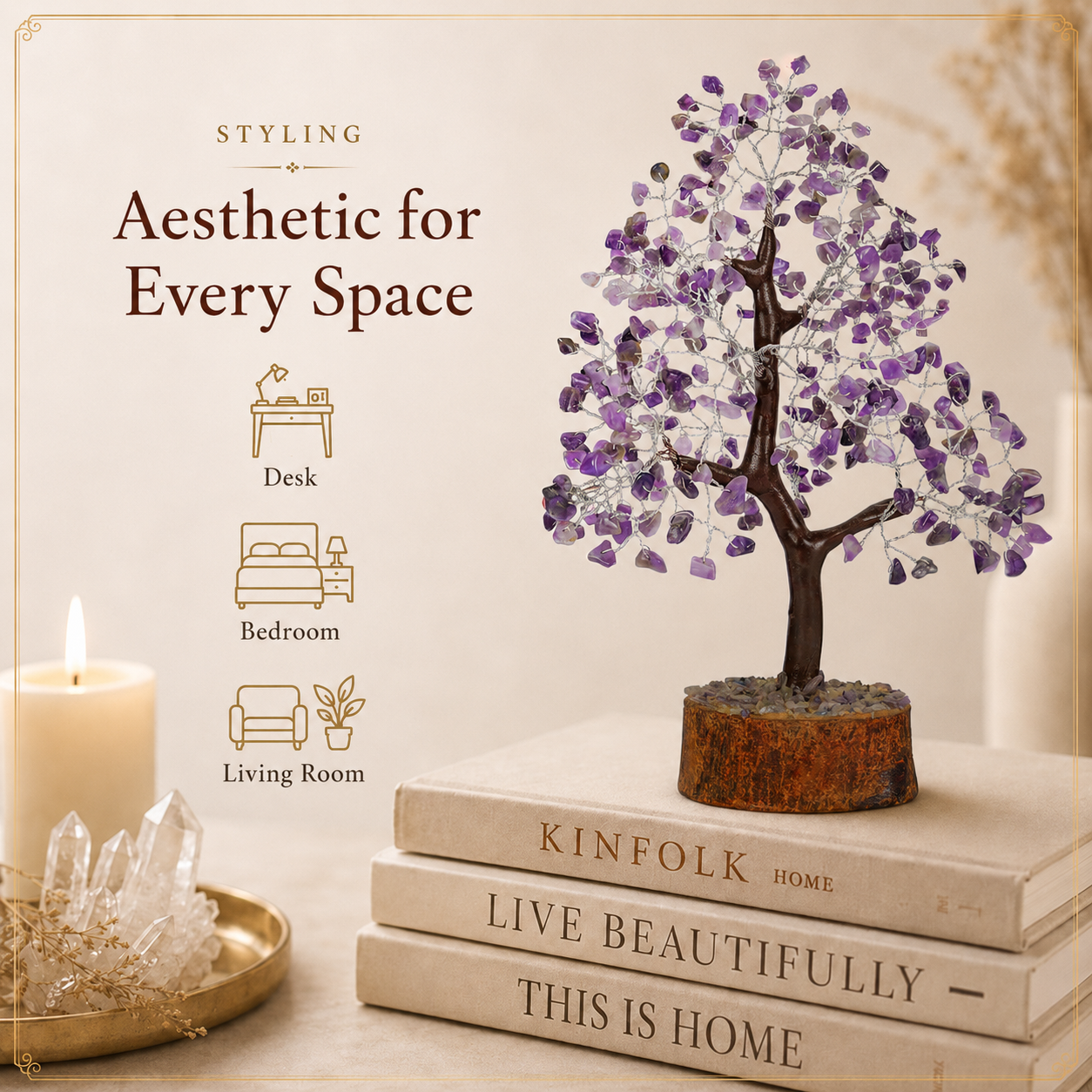 Amethyst Crystal Wooden Tree With Silver Wire