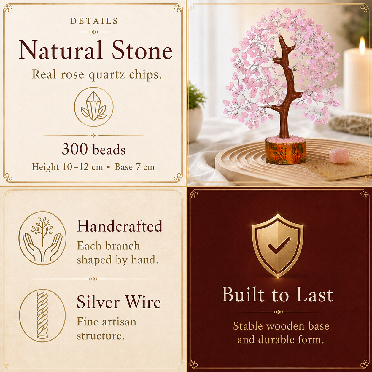 Buy Rose Quartz Crystal Wooden Tree With Silver Wire