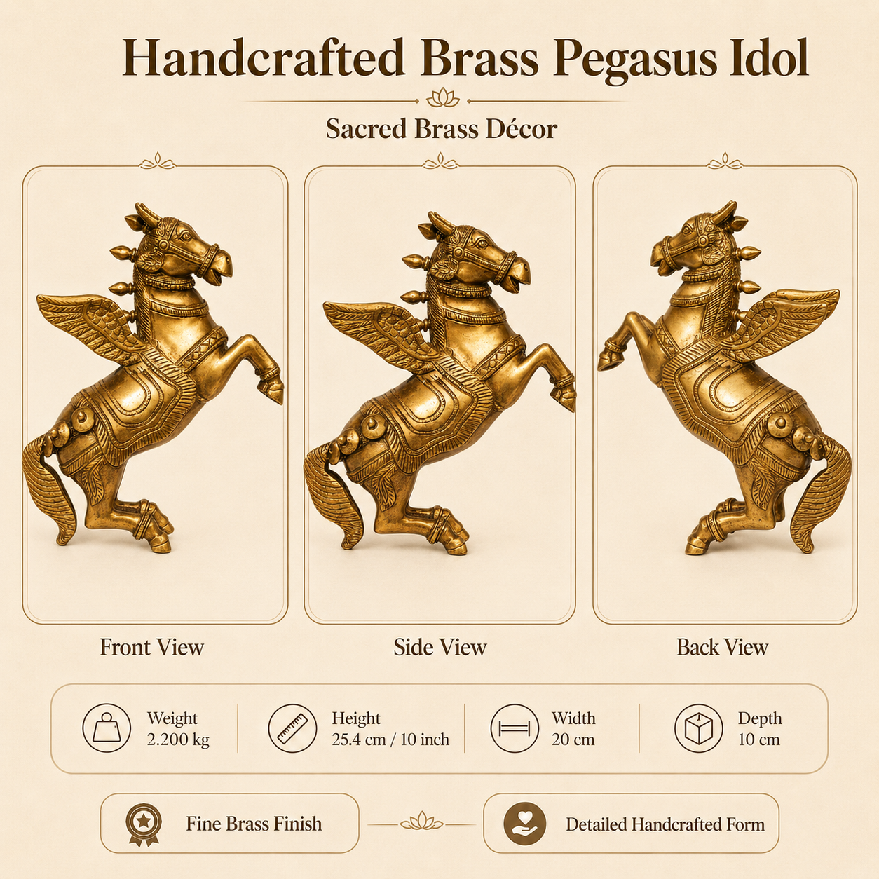 10 Inch Brass Pegasus Winged Horse Idol