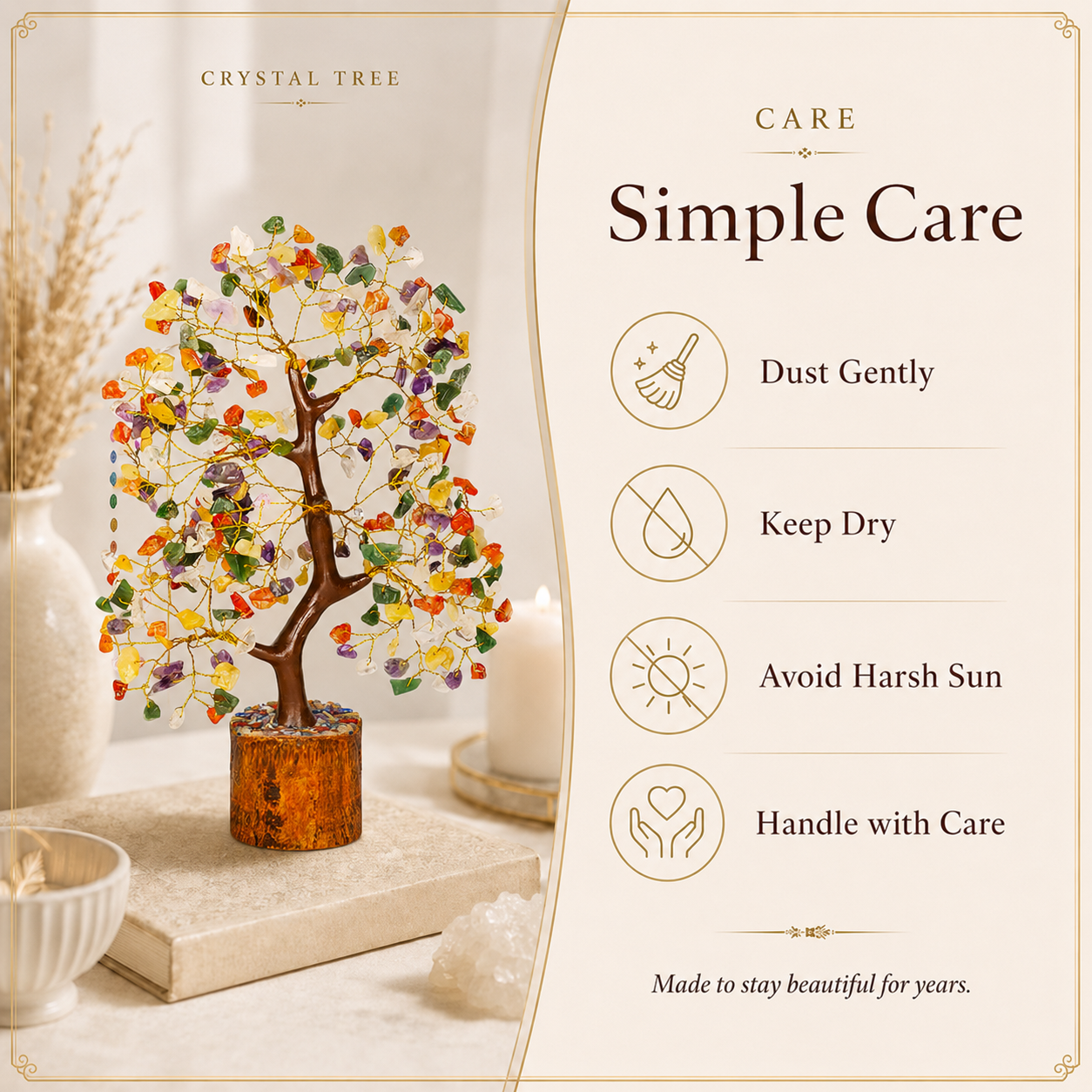 Mix Chakra Crystal Wooden Tree with Golden Wire