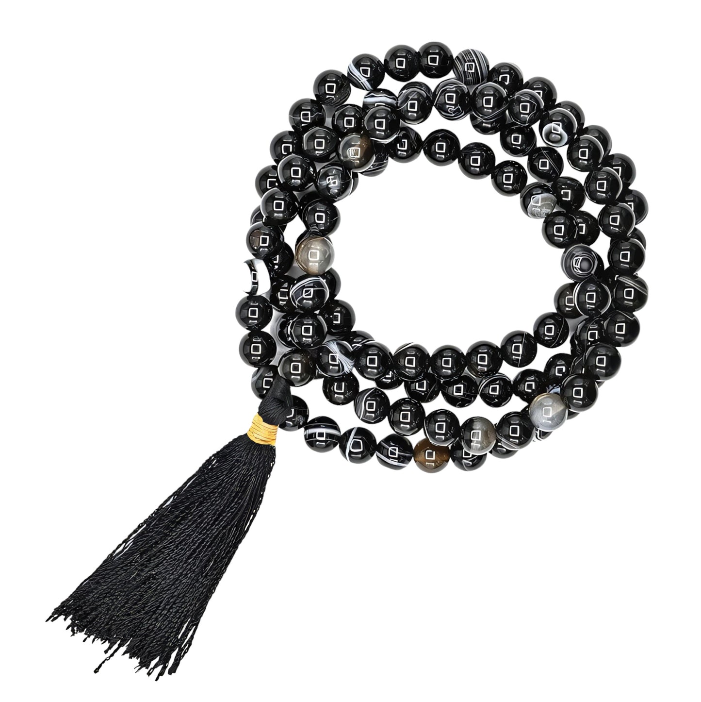 Black Banded Agate Gemstone 108 Bead Japa Mala Necklace