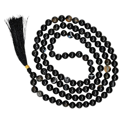 Black Banded Agate Gemstone 108 Bead Japa Mala Necklace